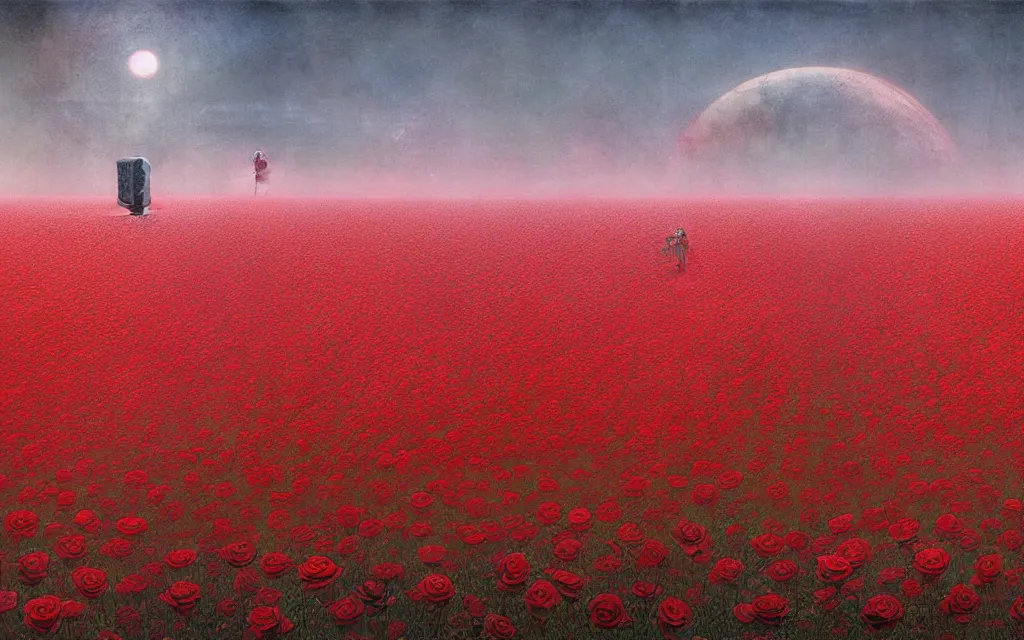 Prompt: a futurist cybernetic red rose field, future perfect, award winning digital art by santiago caruso and bruce pennington