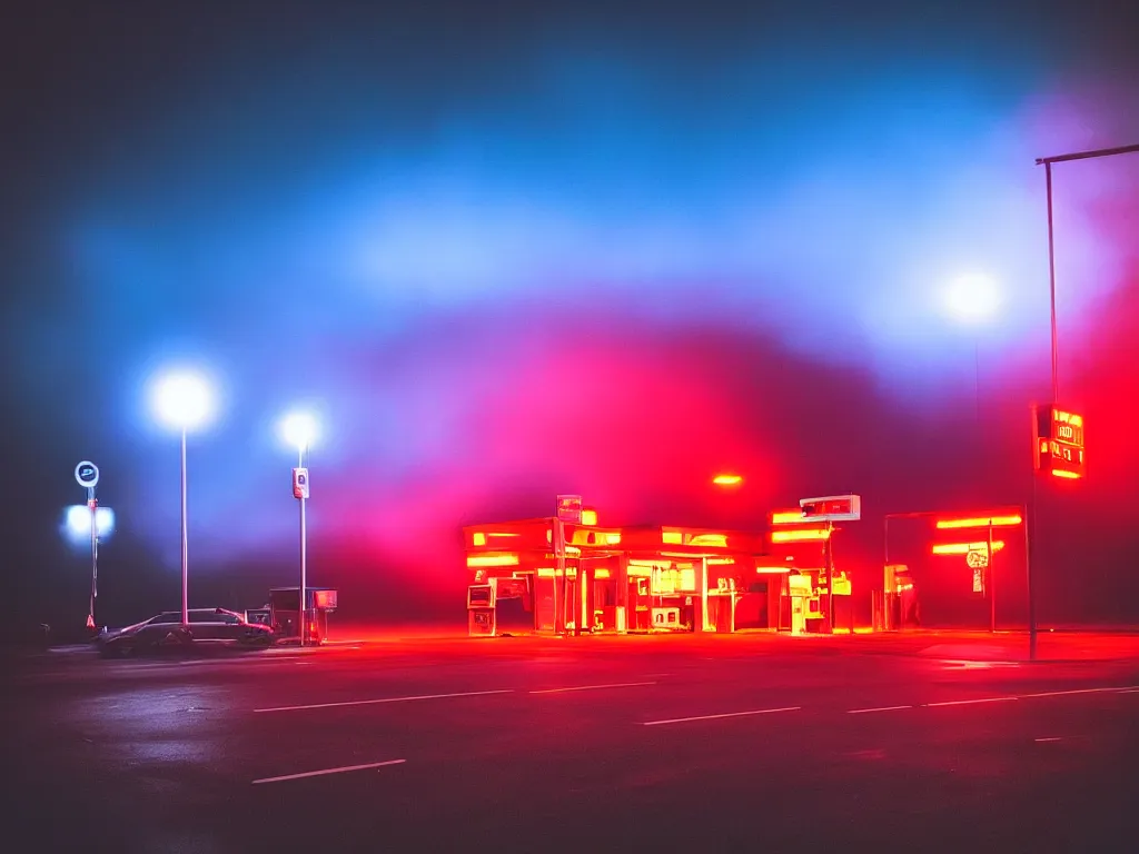 Image similar to “photography of gas station , fog, blue and red lights, night, mood, atmospheric, full of colour, digital photography”