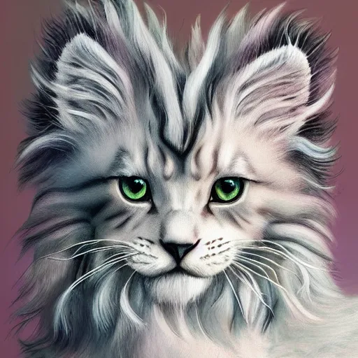 Prompt: cute fluffy grey tabby kitten with long colorful flowing lion mane with mohawk hairstyle hybrid animal detailed painting 4 k