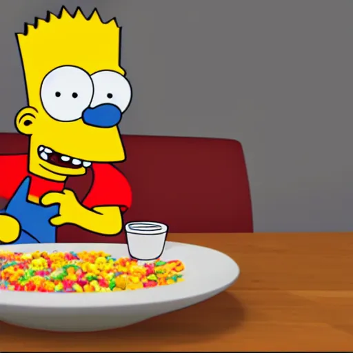 Prompt: Bart Simpson as a real boy eating Fruit Loops, 4K, UE5, 3D, high quality textures, award winning