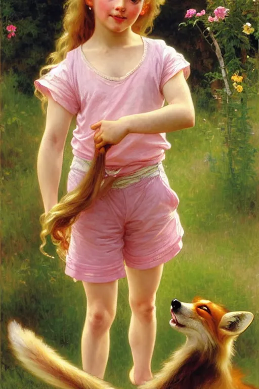 Image similar to a seven - year old girl with long curly dirty blonde hair, blue eyes, tan skin, a pink tee shirt, shorts, playing with a fox, painting by daniel gerhartz, alphonse mucha, bouguereau, detailed art, artstation