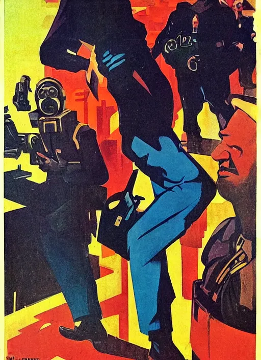 Prompt: soviet propaganda poster. cyberpunk spy. portrait by jean giraud and anton otto fischer and john philip falter and will eisner and gil elvgren