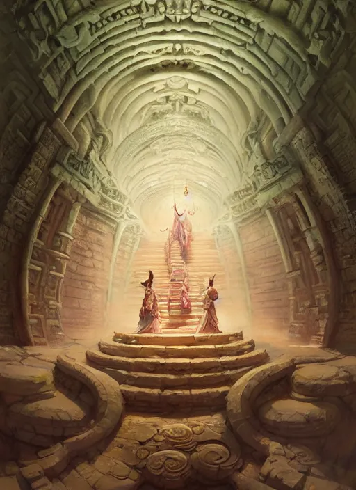 Image similar to a painting of an ancient underground dungeon temple, intricate, elegant, highly detailed, swirly magic ripples, pastel colors, digital matte painting, artstation, concept art, by greg manchess, huang guangjian, gil elvgren, sachin teng, greg rutkowski, jesper ejsing, ilya kuvshinov