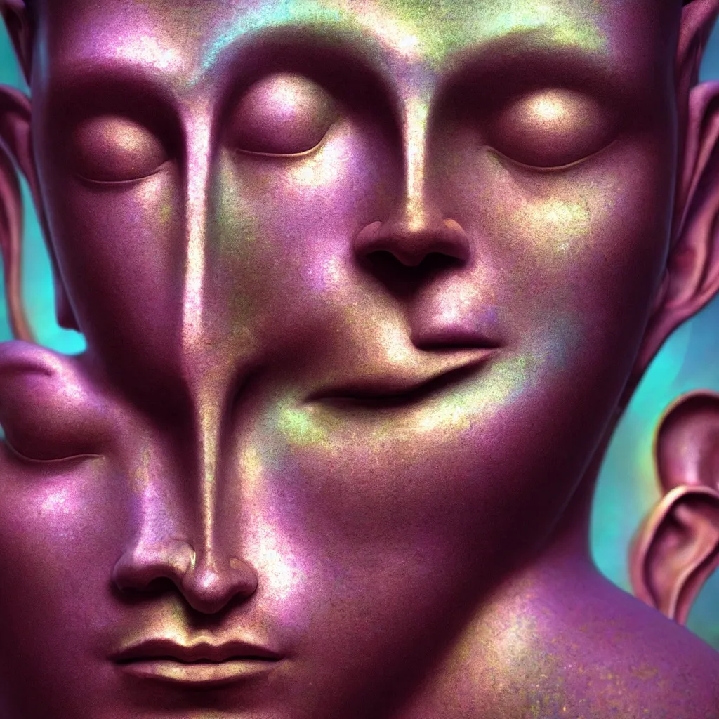 Image similar to extremely detailed cinematic movie still medium shot of enlightened iridiscent buddha hyperreal skin face by denis villeneuve, wayne barlowe, simon birch, marc simonetti, philippe druillet, beeple, alex grey bright volumetric sunlight, rich moody colors, bokeh