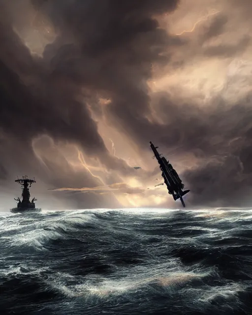 Image similar to scifi action scene of a fishing boat on stormy seas, a terrifying gigantic star destroyer spaceship flying overhead, the gigantic star destroyer spaceship is emerging from storm clouds, sunset lighting, stormy weather, dramatic lighting, unreal engine, hyper realism, realistic shading, cinematic composition, realistic render, octane render, detailed textures, photorealistic, ultrawide shot, 1 6 mm lens