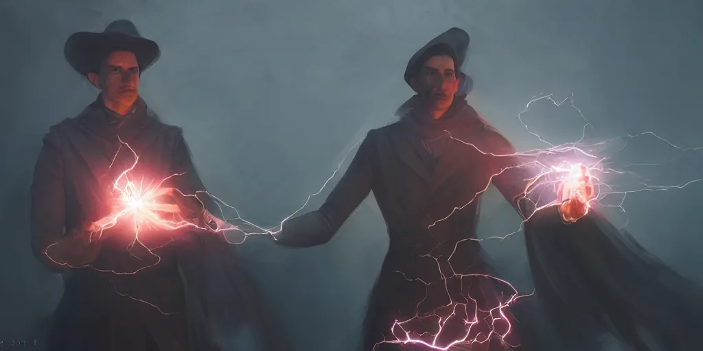 Prompt: a nikola tesla like male sorcerer casting a lighting spell, light rays, bloom, dramatic lighting, epic composition, concept art, trending on artstation, by dan luvisi, jason chan and gilles beloeil