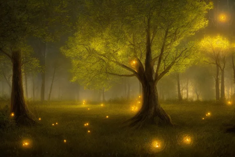 Prompt: masterpiece painting, fireflies vortex illuminating an old antic oak forest at night, peaceful scene, 8 k octane render, atmospheric effects, by jean hugo, artstation, deviantart
