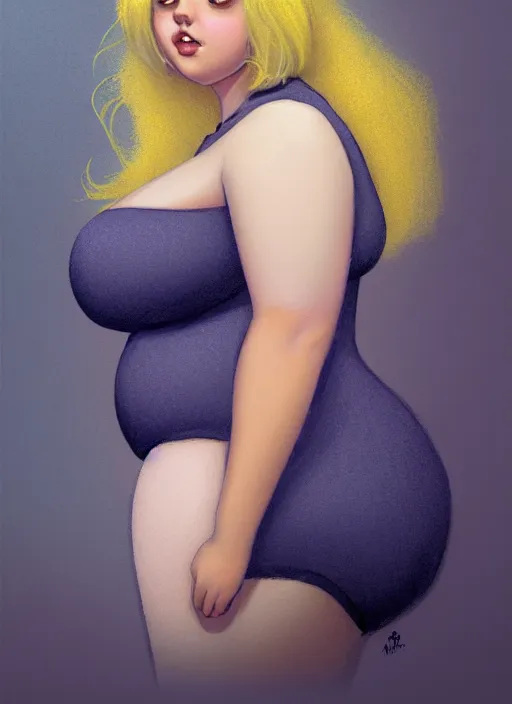 Image similar to full body portrait, teenage betty cooper, blonde hair, obese, bangs, ponytail, sultry, realistic, sultry smirk, fluffy bangs, curly bangs, fat, belly, beautiful girl, intricate, elegant, highly detailed, digital painting, artstation, concept art, smooth, sharp focus, illustration, art by wlop, mars ravelo and greg rutkowski