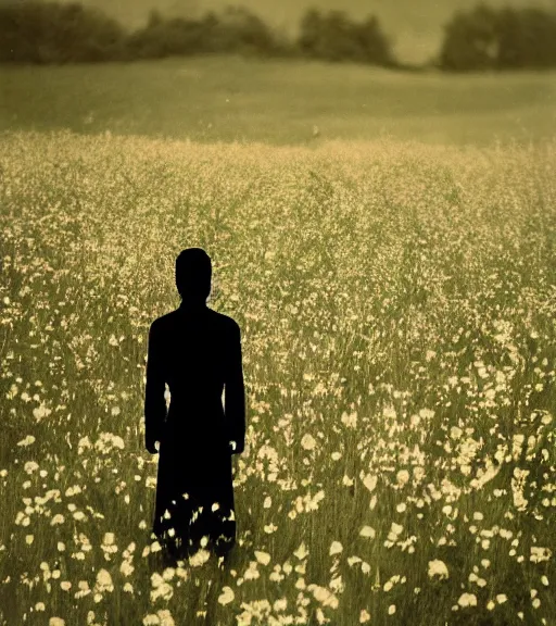 Image similar to tall shadow person figure standing in beautiful meadow of flowers, vintage film photo, grainy, high detail, high resolution