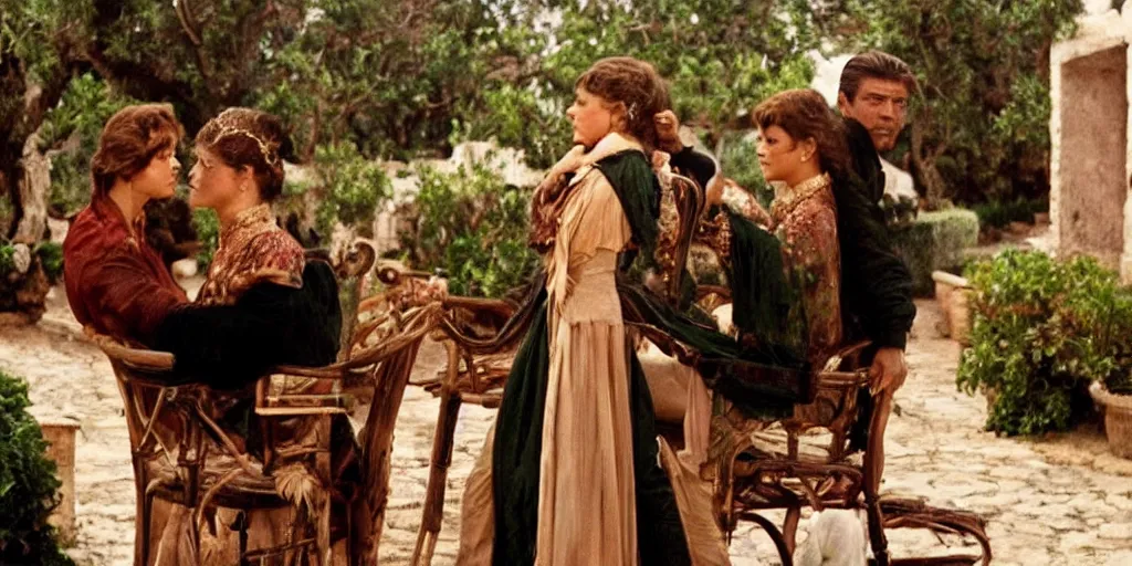 Image similar to a scene from the leopard by luchino visconti with burt lancaster and claudia cardinale set in sicily in the 1 9 th century. technicolor!!!!, masterpiece cinematic, vivid colors