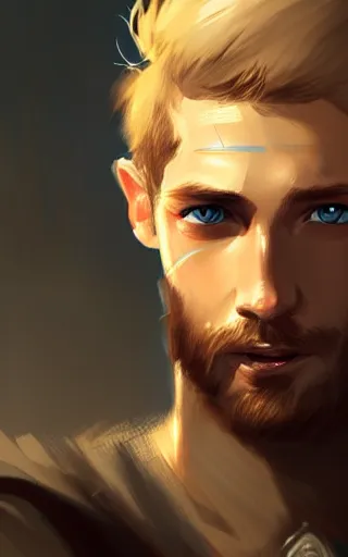 Image similar to a rugged young knight with blonde hair and blue eyes and a short beard and a scar under his left eye by Greg_Rutkowski, realistic, detailed, masterpiece, ArtStation