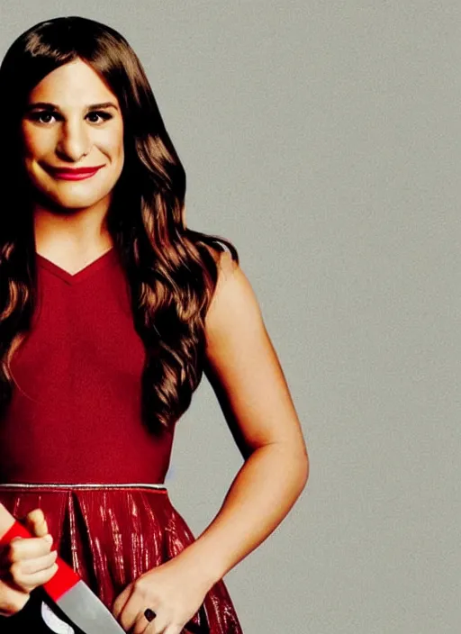 Prompt: glee sequel poster where rachel berry is the villain, evil bloody serial killer lea michele in rags with knife cackling maniacally, with text, dark disturbing version of glee, airing in 2 0 2 3