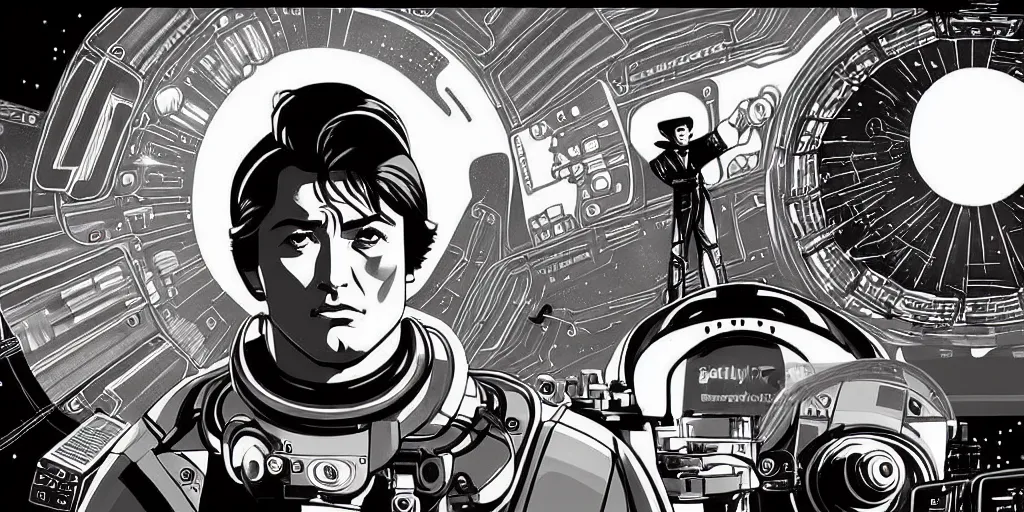 Image similar to traditional drawn colorful animation a symmetrical portrait of lonely single Alain Delon Stallone Clint Eastwood alone pilot in posing in robot platform deck wheelhouse spaceship station planet captain bridge outer worlds robots extraterrestrial hyper contrast well drawn Metal Hurlant Pilote and Pif in Jean Henri Gaston Giraud animation film The Masters of Time FANTASTIC PLANET La planète sauvage animation by René Laloux