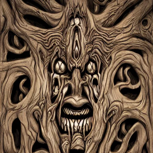 Prompt: tree of demons, demon faces carved out of wood, portal, left side hostile, right side benevolent, symmetrical, tree roots, hyperrealistic, photorealistic, intricate details, cinematic, natural lightning, 3d cg, inlay, extremly detailed, ink drawing