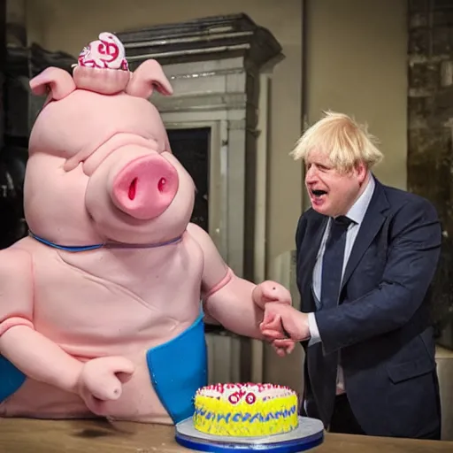 Image similar to pig man boris johnson attacking a cake