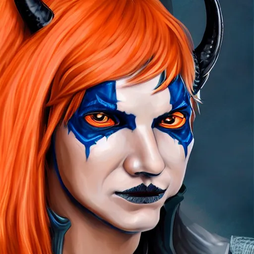 Image similar to illustrated realistic portrait female kobold horns orange skin and blue hair with black evil eyes wearing leather armor