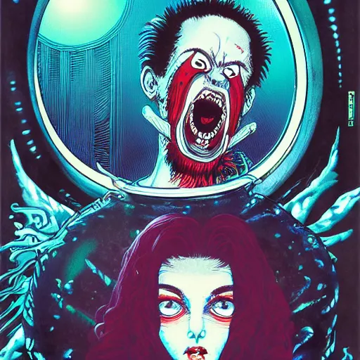 Image similar to portrait of crazy singing post malone with red eyes like hal 9 0 0 0, as vampire, symmetrical, by yoichi hatakenaka, masamune shirow, josan gonzales and dan mumford, ayami kojima, takato yamamoto, barclay shaw, karol bak, yukito kishiro