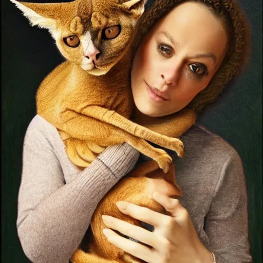 Prompt: a kangaroo cradling a devon rex cat in a sweater, professional lighting, renaissance oil painting