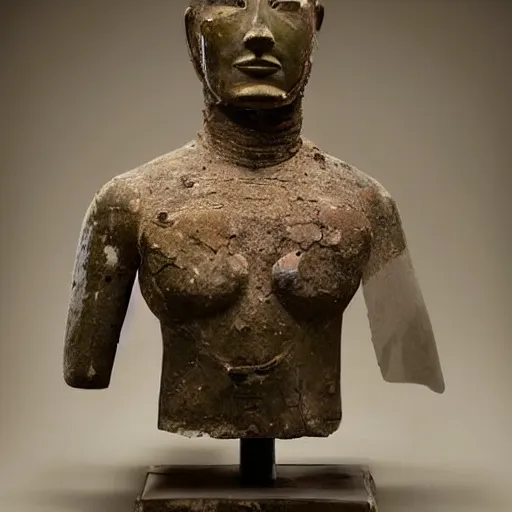 Image similar to an extremely ancient ironman bust that is tarnished and covered in sediment from uncovered earth expedition, rare photograph, smithsonian,