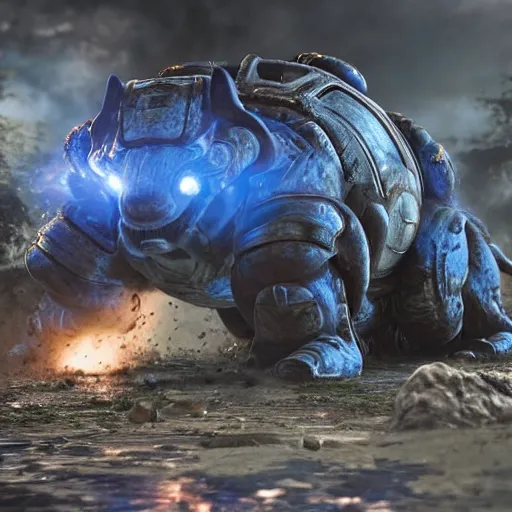 Image similar to a 'Blastoise Tank' in 'Gears of War', splash art, movie still, cinematic lighting, detailed face, dramatic, octane render, long lens, shallow depth of field, bokeh, anamorphic lens flare, 8k, hyper detailed, 35mm film grain