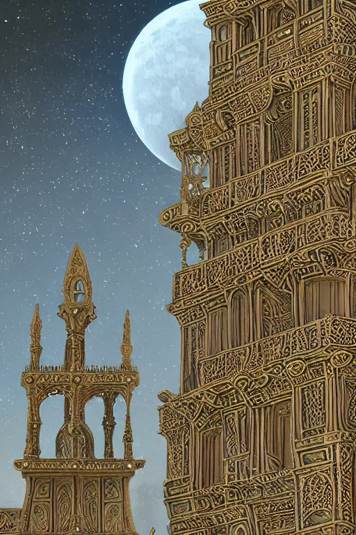 Image similar to ancient silver tower of the moon, distance view, fairytale illustration, elaborate carved latticed balconies, tall windows, moorish architecture, formal gardens, dramatic cinematic lighting, soft colors, golden age illustrator, unreal engine