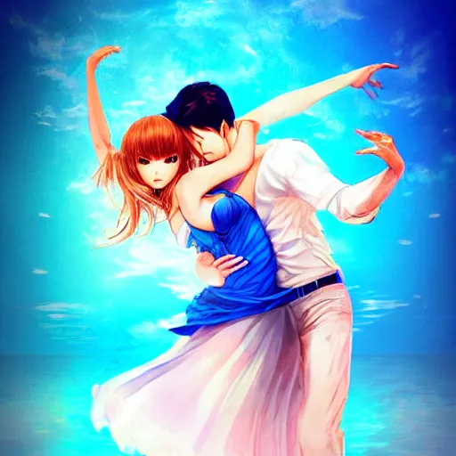 Image similar to semi realistic portrait Salsa Dancing inside clear blue ocean water in blade and soul spinoff by Artgerm Lau , color overlay, rim light and highlights , Gesture draw, Salsa Social Dance, couple, Salsa tricks, WLOP, Hyung-tae Kim, Rossdraws, Gesture draw, James Jean, Andrei Riabovitchev, Marc Simonetti, and Sakimichan, trending on artstation