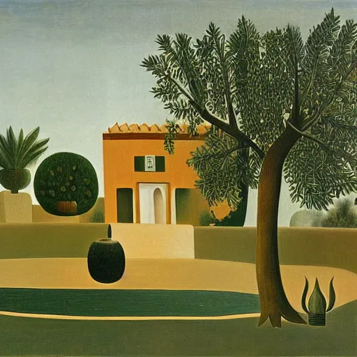 Prompt: A villa in the middle of the desert, fountain, olive trees, ornaments by Henri Rousseau