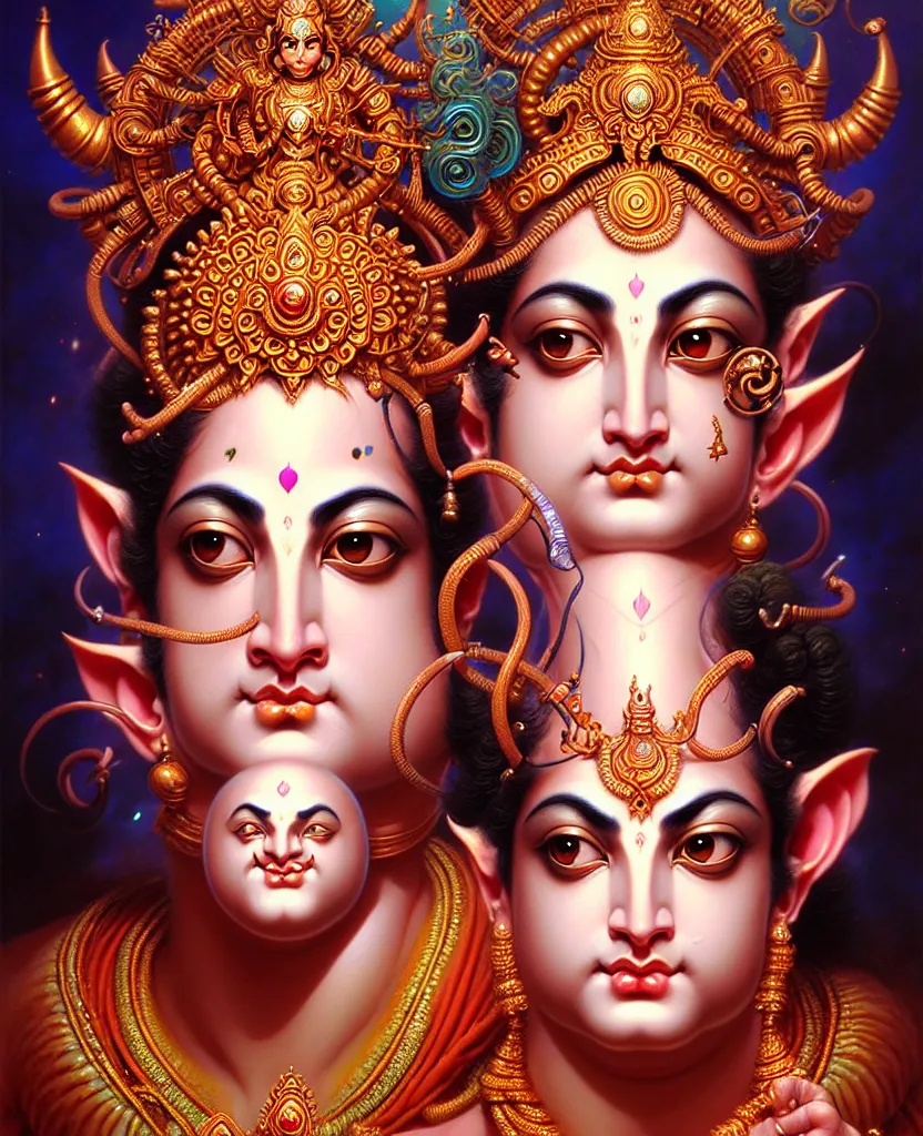 Image similar to beautiful hindu god romantic krishna fantasy character portrait, close - up, headshot, ultra realistic, intricate details, the fifth element artifacts, highly detailed by peter mohrbacher, hajime sorayama, wayne barlowe, boris vallejo, aaron horkey, gaston bussiere, craig mullins