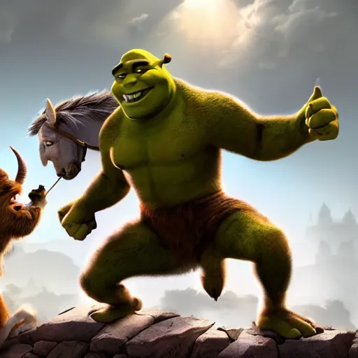 Prompt: shrek fighting an evil donkey, dynamic, action pose, digital painting, WLOP, trending on artstation, 8k, epic composition, highly detailed, sharp focus