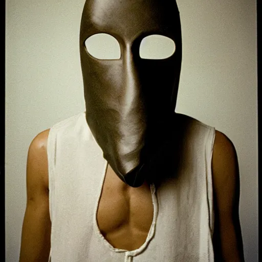 Prompt: A mask designed by Rick Owens, 35mm film, photograph