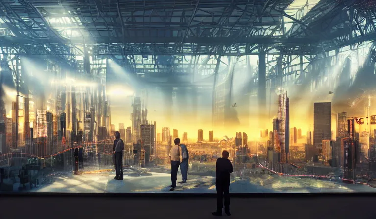 Image similar to group of people in simple warehouse, looking at hologram of futuristic city on a table, cinematic concept art, godrays, golden hour, natural sunlight, 4 k, clear details, tabletop model buildings, center model buildings, hologram center, crane shot, crane shot, crane shot