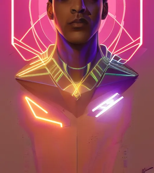 Image similar to symmetry!! egyptian prince of technology, solid cube of light, hard edges, product render retro - futuristic poster scifi, lasers and neon circuits, brown skin man egyptian prince, intricate, elegant, highly detailed, digital painting, artstation, concept art, smooth, sharp focus, illustration, dreamlike, art by artgerm