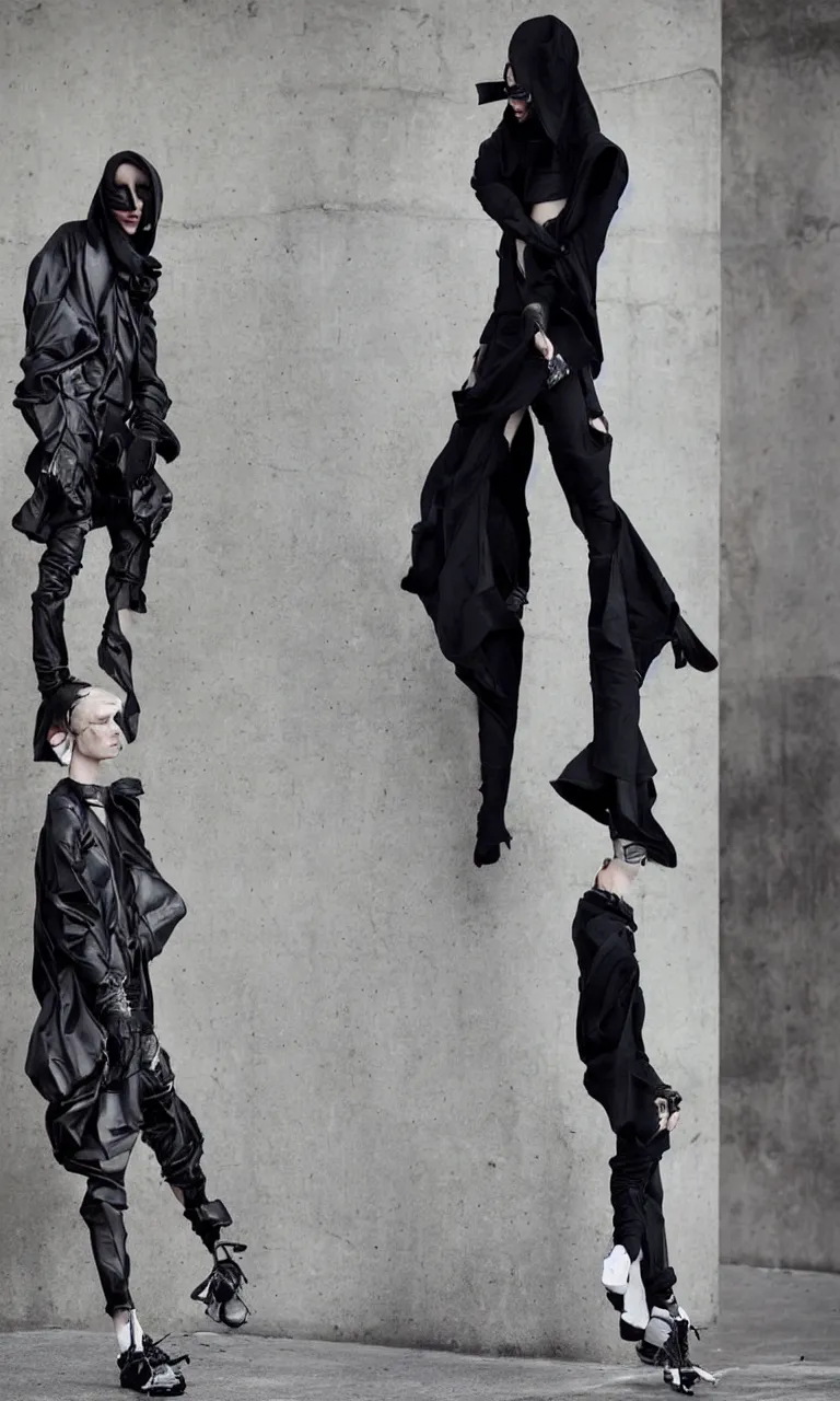 Image similar to beautiful androgynous avant garde techwear look and clothes, intricate, Rick Owens, Y3, trending on r/streetwear, fit pic, rule of thirds,