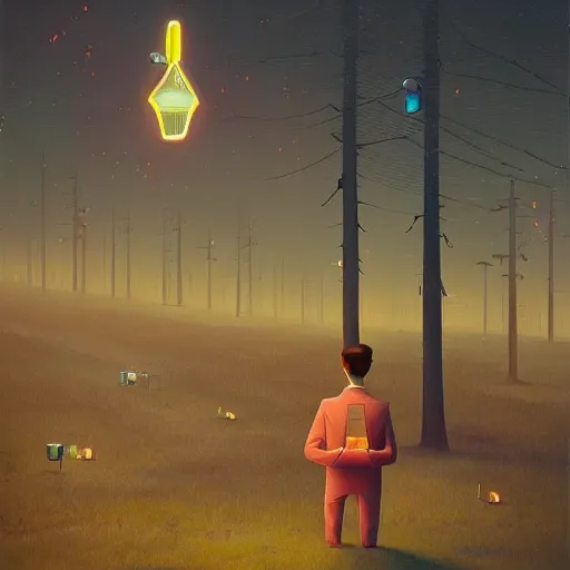 Image similar to man in a suit holding gem with curiosity, trying to learn, by simon stalenhag