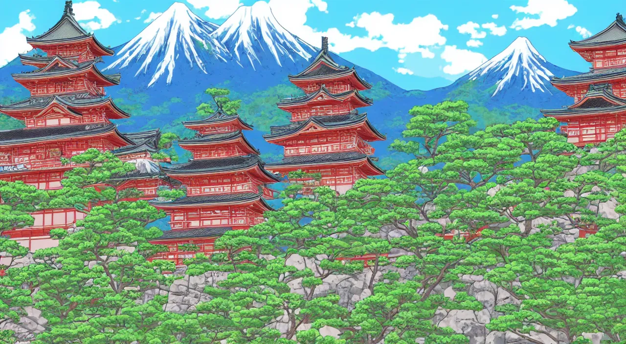Prompt: a Japanese castle, with a garden as foreground, with mountains as background, in the style of anime