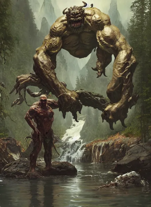 Image similar to huge hulking brute swamp demon king like martyn ford and rich piana standing by river canadian rockies midday by sergey kolesov and lawrence alma tadema and norman rockwell and greg staples and craig mullins and john berkey and ruan jia, artstation creature art