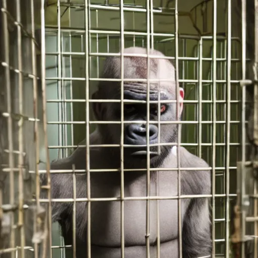 Image similar to bald white man dressed in a gorilla suit in a cage