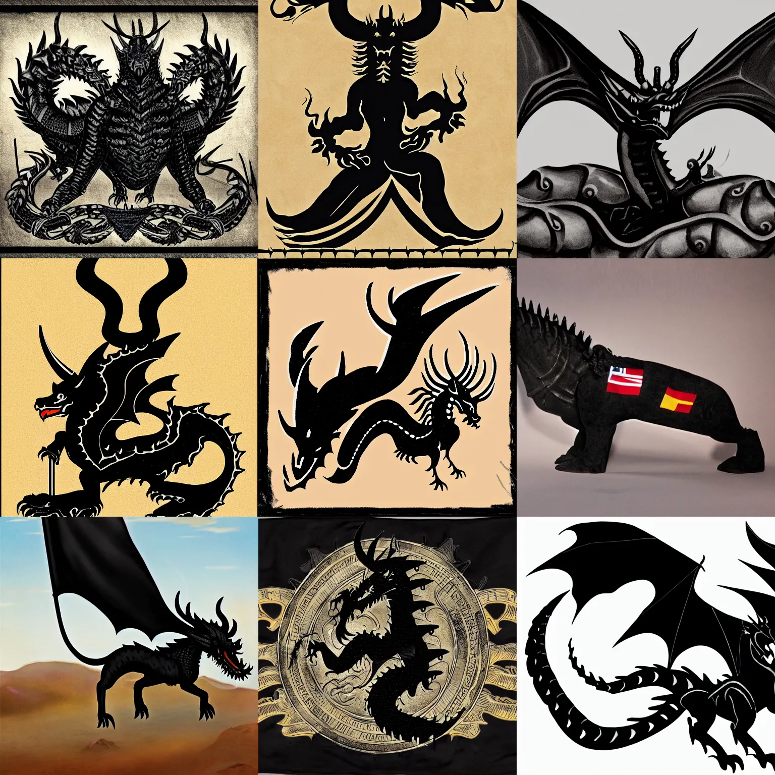 Image similar to a black western dragon with four horns waving a Haskell flag