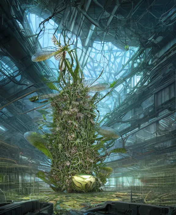 Image similar to a giant weird industrial plant made out of isopod dragonflies, in the style of a strange asymmetrical spaceship, overgrown with disturbing orchids, partly cloudy, somber, dramatic lighting, by dan mumford, yusuke murata, makoto shinkai, ross tran, cinematic, unreal engine, cel shaded, featured on artstation, pixiv