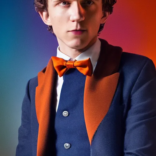 Image similar to tom holland with a beard in a dark blue trenchcoat with an orange bowtie as the new doctor who, cinematic, volumetric lighting, f 8 aperture, cinematic eastman 5 3 8 4 film, photorealistic