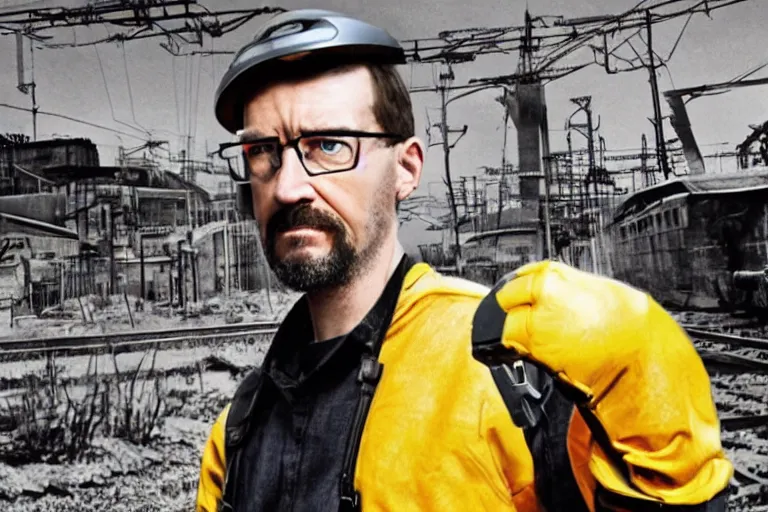 Image similar to vfx movie closeup real life gordon freeman holding wearing futuristic armor, half life logo on chest, crowbar in russian train yard by emmanuel lubezki