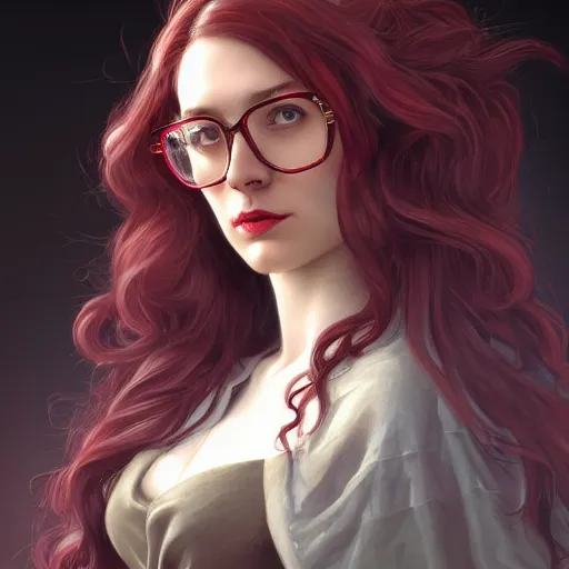 Prompt: portrait, An female doctor with red flowing hair and glasses, beauty, lip gloss, pretty, fantasy, intricate, elegant, highly detailed, D&D, digital painting, artstation, concept art, matte painting, sharp focus, illustration, in the style of Greg Rutkowski and Alphonse Mucha and artemisia, 8k,