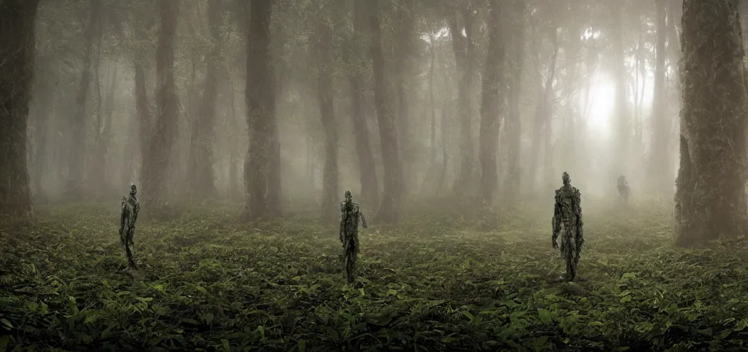 Image similar to a complex organic fractal 3 d ceramic humanoid megastructure in a lush forest swamp, foggy, cinematic shot, photo still from movie by denis villeneuve