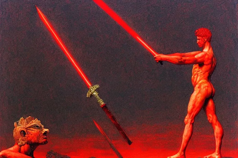 Image similar to only with red, a red melted apollo with a laurel wreath and a flaming sword announce the win, atene in the background, in the style of beksinski, part by hopper, part by rodcenko, part by hofbauer, intricate composition, red by caravaggio, insanely quality, highly detailed, masterpiece, red light, artstation