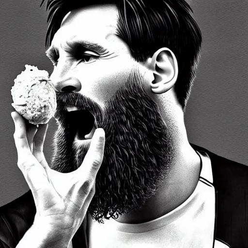 Image similar to lionel messi with a majestic beard eating a kfc zinger by yaacov agam