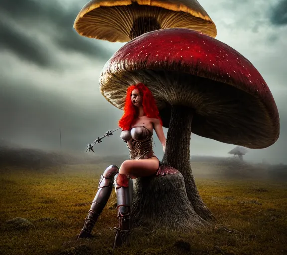 Image similar to a photo of an armored woman warrior redhead with antlers sitting on a giant mushroom that covers a whole village and reaches above the clouds by luis royo. intricate. lifelike. soft light. sony a 7 r iv 5 5 mm. cinematic post - processing