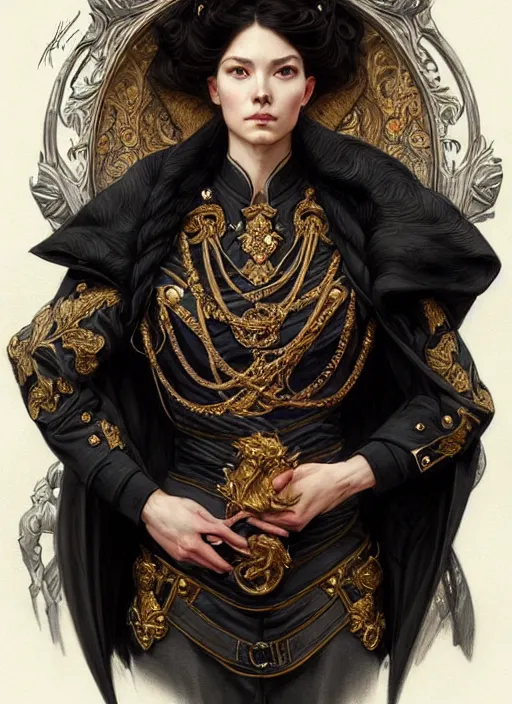 Image similar to portrait of supreme leader kitty, royalty, extravagant, lord, full body, military uniform, fantasy, intricate, elegant, beautiful, highly detailed, charcoal, centered, dark, smokey, digital painting, artstation, concept art, art by artgerm and greg rutkowski and alphonse mucha