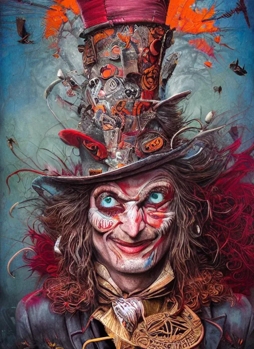 Image similar to mad hatter, aztec god, highly detailed, cinematic, 8 k, by megan duncanson, benjamin lacombe, adrian borda, stanley artgermm, tom bagshaw, craig mullins, carne griffiths, ayami kojima, beksinski, giger, trending on deviantart, hyper detailed, horror, full of colour