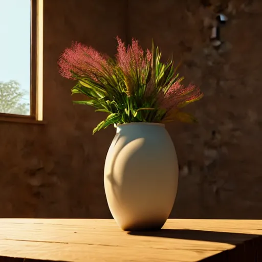 Prompt: a large vase sitting on top of a wooden table, a still life by ras akyem, featured on cg society, photorealism, vray tracing, rendered in unreal engine, photorealistic