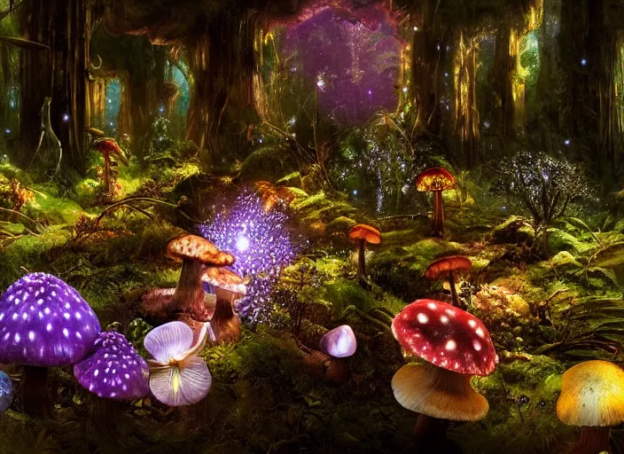 Image similar to glowing delicate flower and mushrooms that grow in a dark fatansy forest on the planet Pandora,